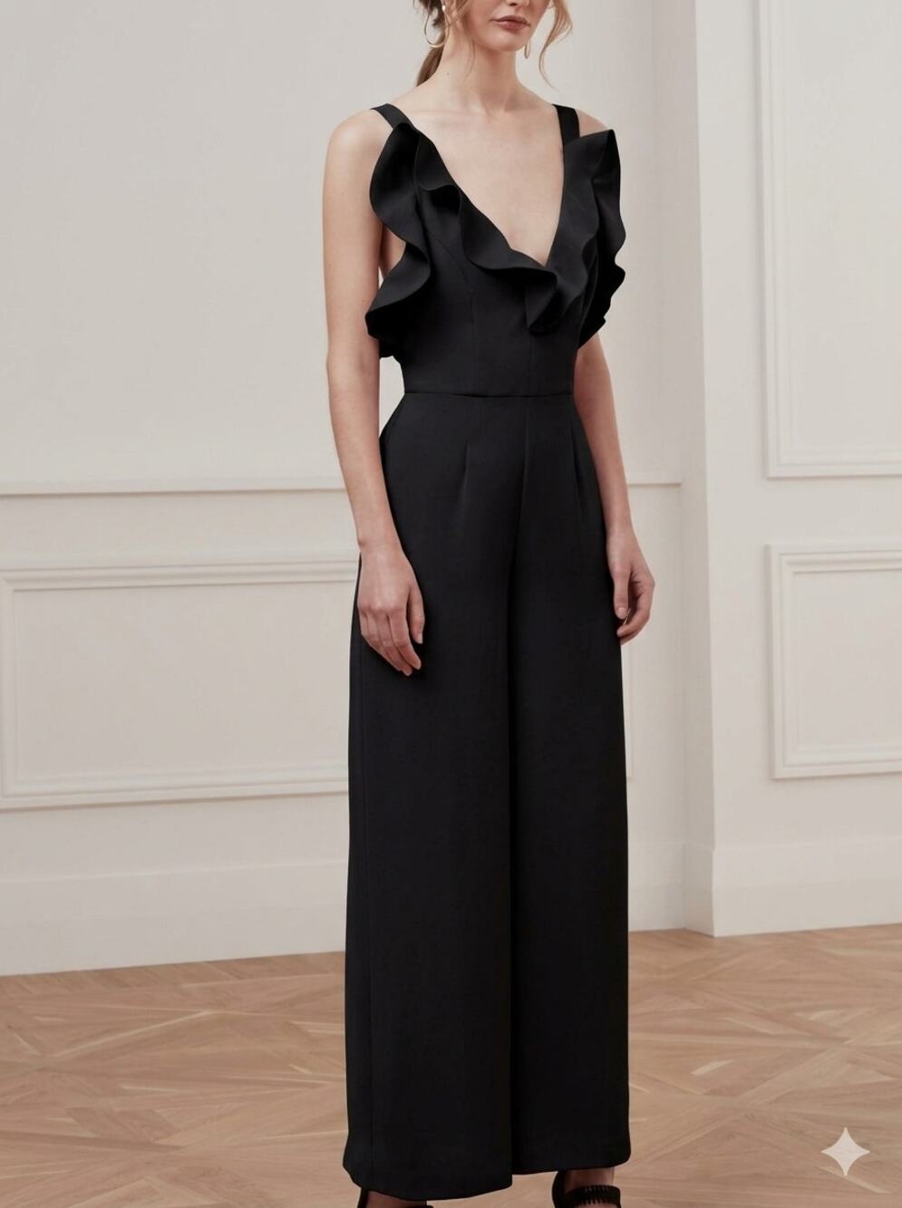 New Keepsake the Label Bitter Sweet black ruffled wide leg jumpsuit Size M Glam